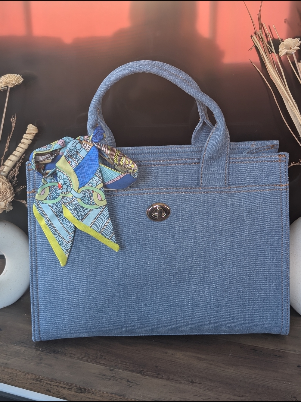 Structured Denim Satchel with Scarf Accent - Blue